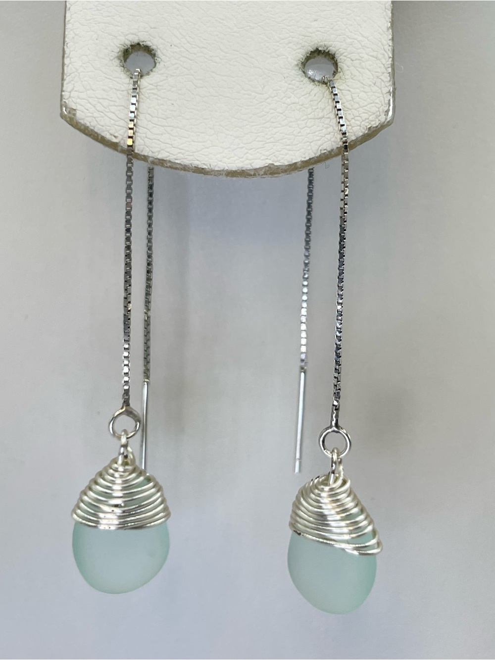 925 Sterling Silver Genuine Blue Sea Glass Threader Dangle Earrings